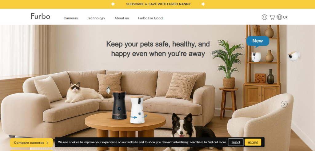 Furbo 360° Dog Camera tossing a treat to a small dog.