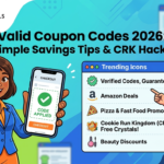 Illustrated banner for Coupon Signals showing a woman holding a discount key and a man pointing to a list of verified deals for Amazon, CRK, and Beauty.