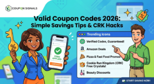 Illustrated banner for Coupon Signals showing a woman holding a discount key and a man pointing to a list of verified deals for Amazon, CRK, and Beauty.