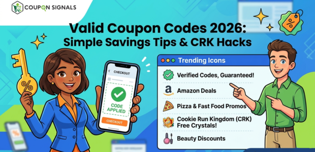 Illustrated banner for Coupon Signals showing a woman holding a discount key and a man pointing to a list of verified deals for Amazon, CRK, and Beauty.
